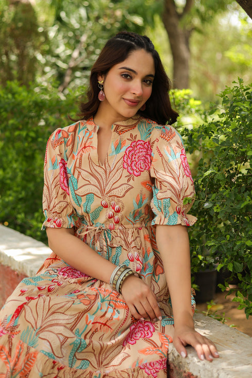 Women Floral Printed Puff Sleeve Fit & Flare Dress